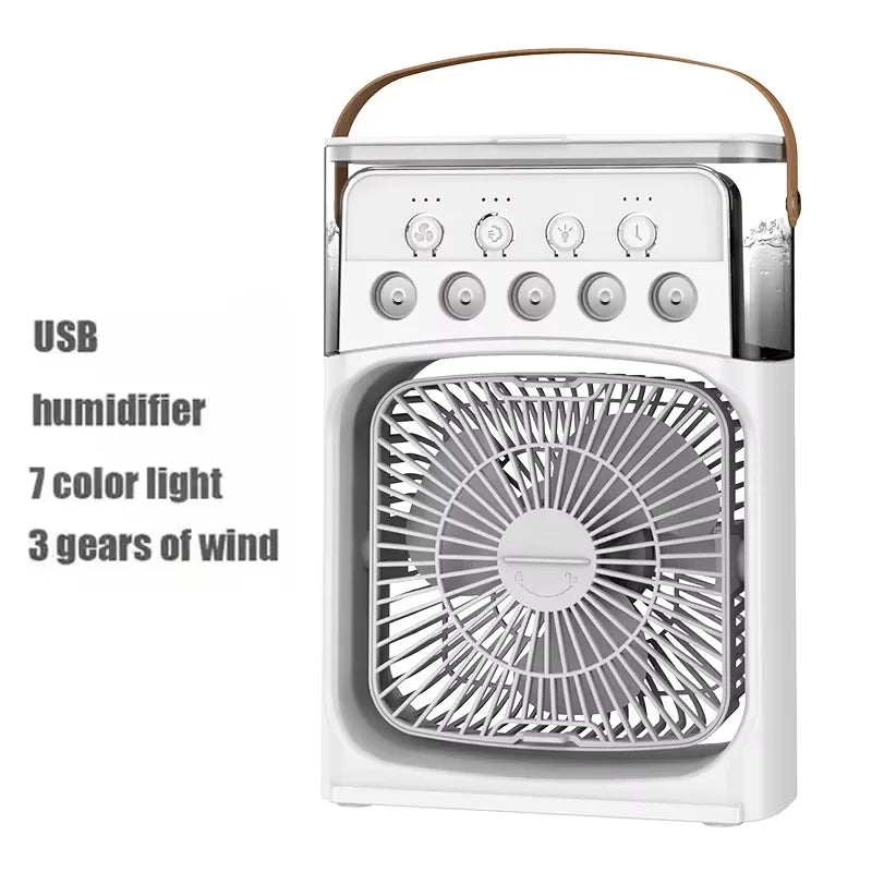Portable air conditioning fan mini evaporative air cooler with 7 color LED lights 1/2/3 hour timer 3 wind speeds and 3 spray mod