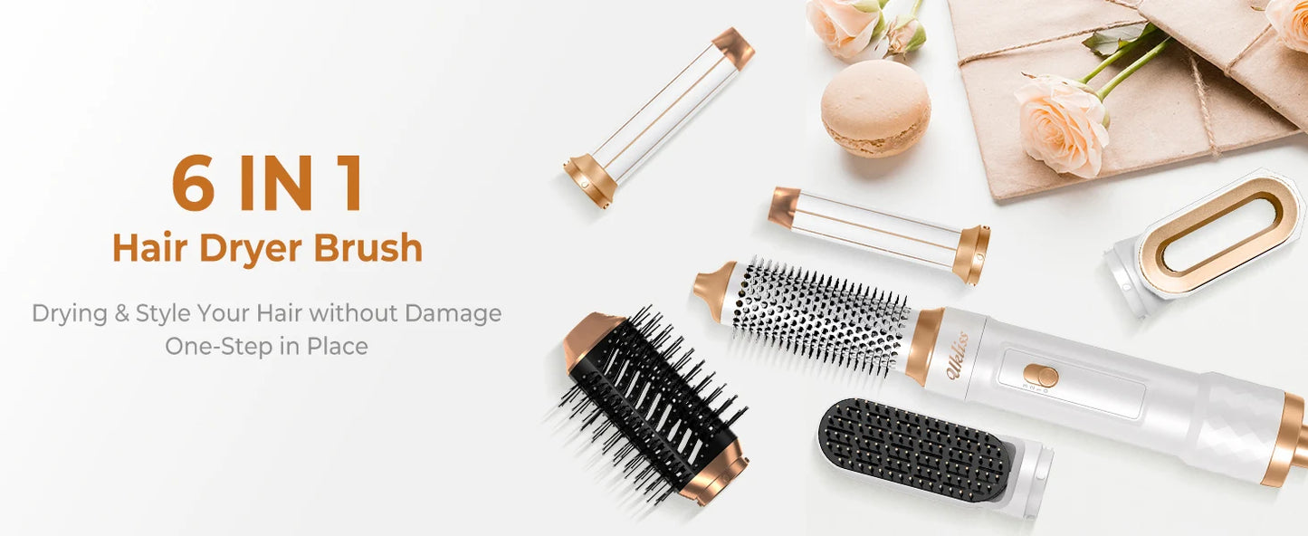 Ukliss 6 In 1 Electric Hair Dryer Brush White gold Blow Dryer Comb Hair Curling Wand Detachable Brush Kit Negative Ion Curler