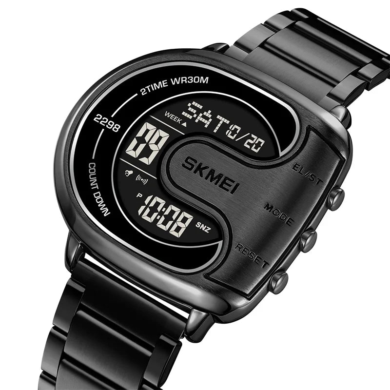 Skmei Mens Digital Waterproof Watches Luxury Stainless Steel Band Led Chronograph Alarm Clock Fashion Stopwatch Sports Dual Time