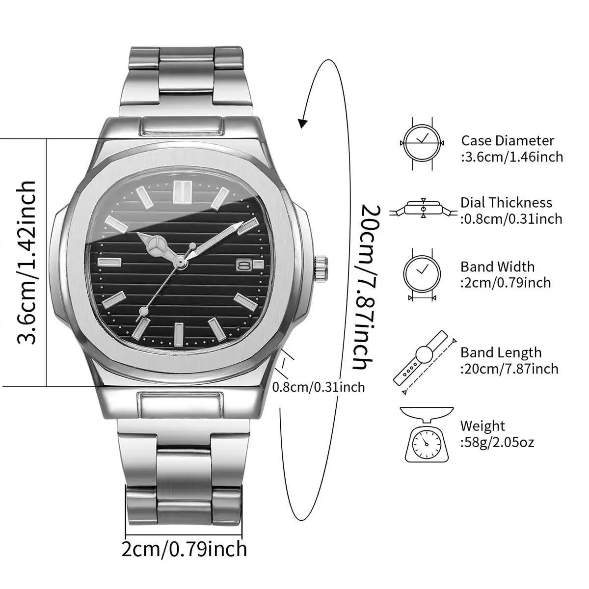 Luxury Men's Square Dial Quartz Watch | Stainless Steel Business Wristwatch with Calendar for Men