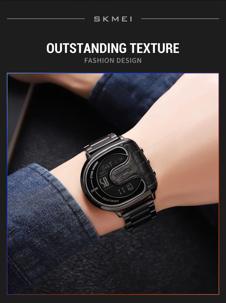 Skmei Mens Digital Waterproof Watches Luxury Stainless Steel Band Led Chronograph Alarm Clock Fashion Stopwatch Sports Dual Time