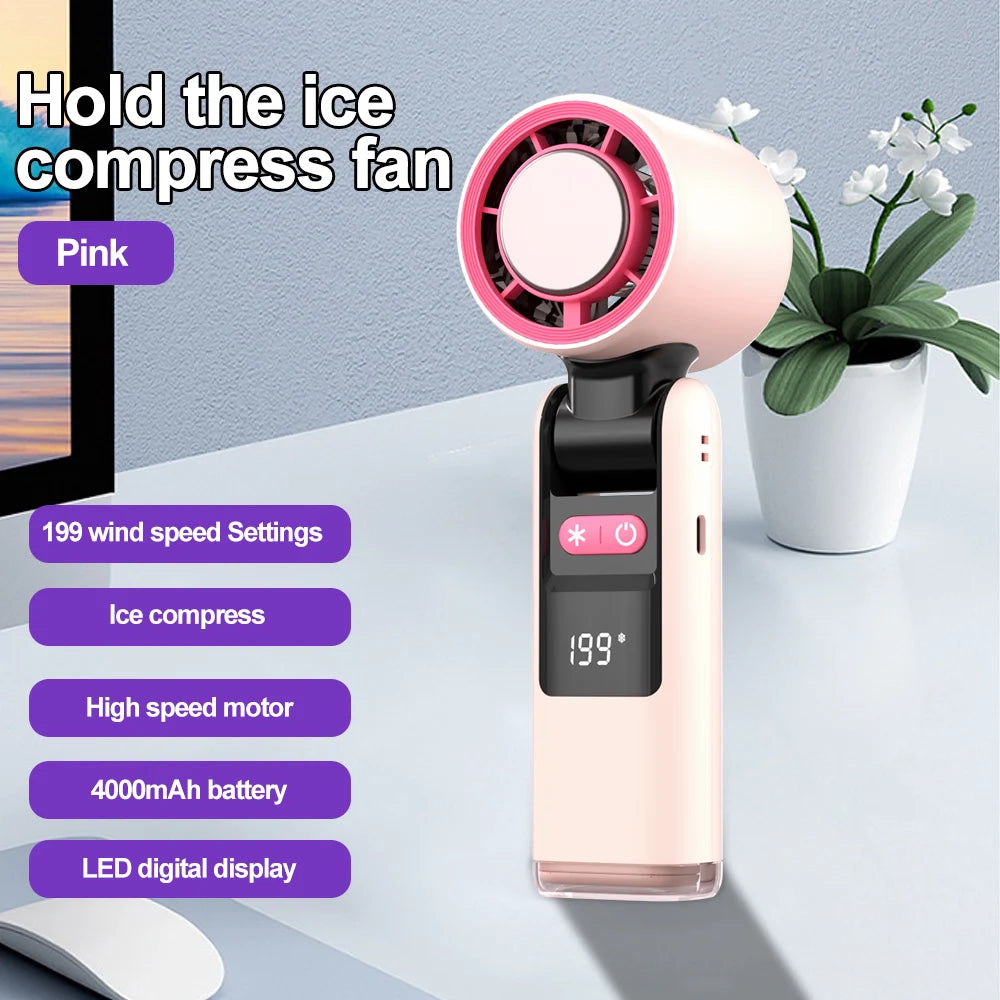 Mini Ice Compress Handheld Turbo Jet Fan 199 Wind Speeds Adjustable 4000mAh USB Rechargeable Portable Fan Outdoor Turbo Neck Fan