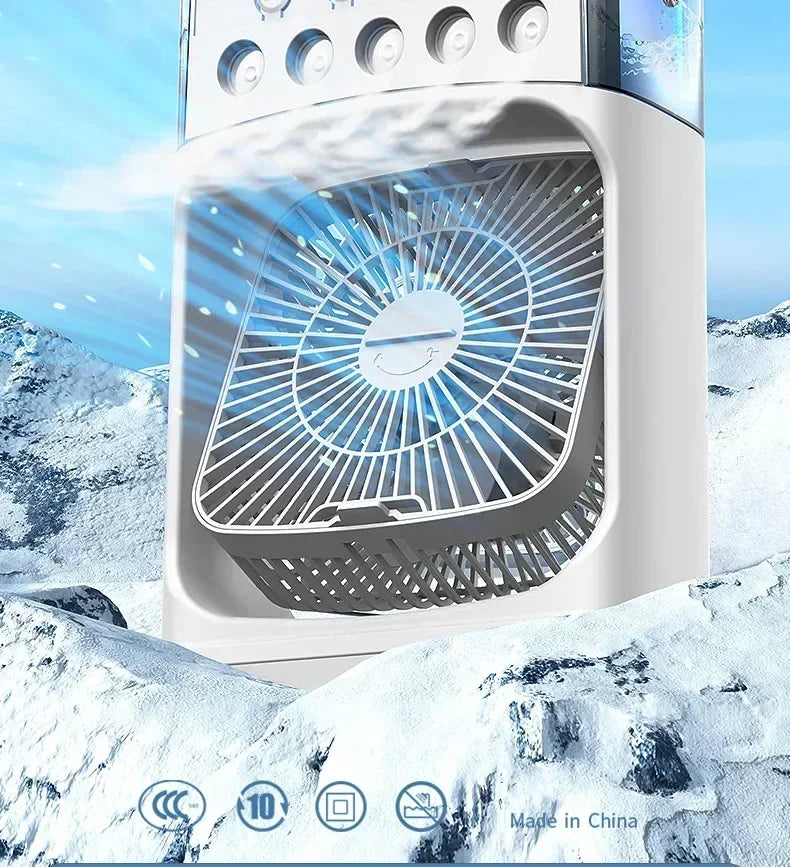 Portable air conditioning fan mini evaporative air cooler with 7 color LED lights 1/2/3 hour timer 3 wind speeds and 3 spray mod