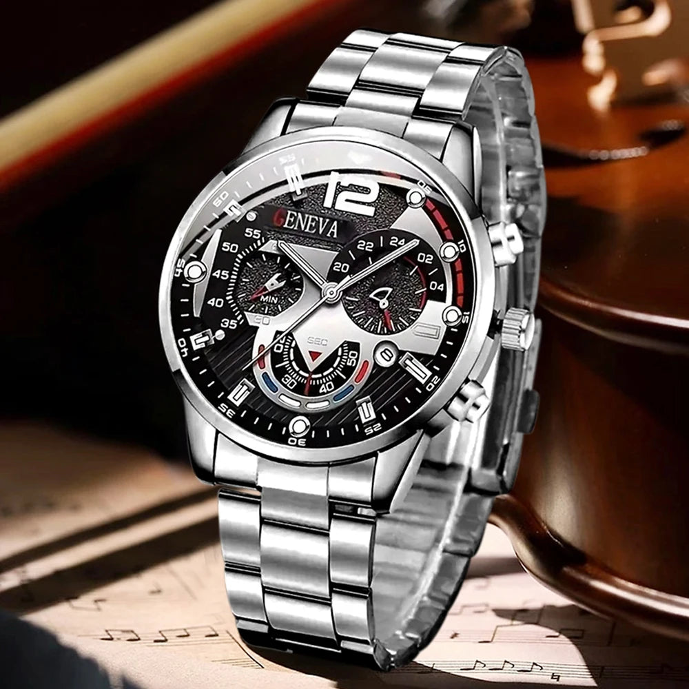2PCS Men's Watch Set Trendy Fashion Business Digital Scale Circular Dial Quartz Watch Set Suitable for Daily Clothing Matching