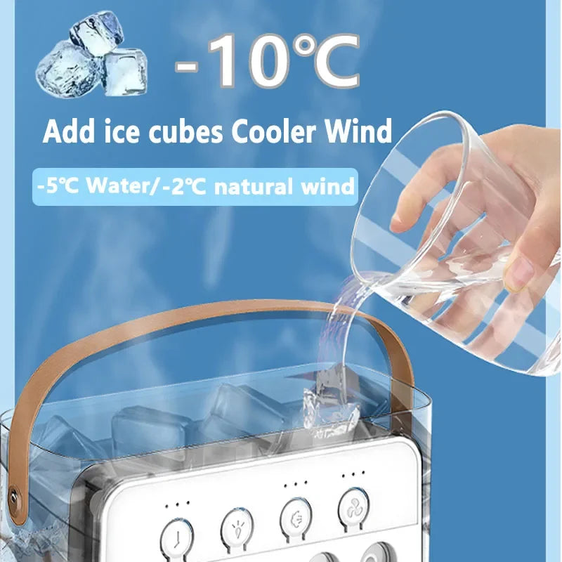 Portable air conditioning fan mini evaporative air cooler with 7 color LED lights 1/2/3 hour timer 3 wind speeds and 3 spray mod