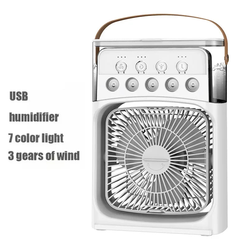 Portable air conditioning fan mini evaporative air cooler with 7 color LED lights 1/2/3 hour timer 3 wind speeds and 3 spray mod