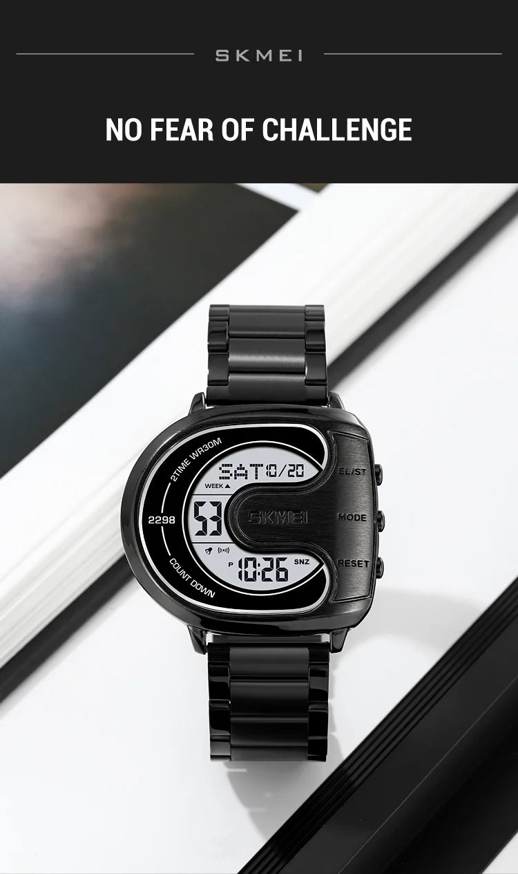 Skmei Mens Digital Waterproof Watches Luxury Stainless Steel Band Led Chronograph Alarm Clock Fashion Stopwatch Sports Dual Time