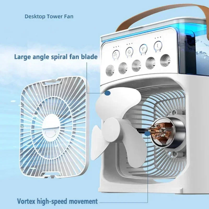 Portable air conditioning fan mini evaporative air cooler with 7 color LED lights 1/2/3 hour timer 3 wind speeds and 3 spray mod