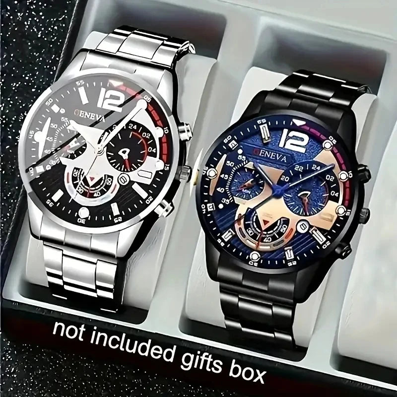 2PCS Men's Watch Set Trendy Fashion Business Digital Scale Circular Dial Quartz Watch Set Suitable for Daily Clothing Matching