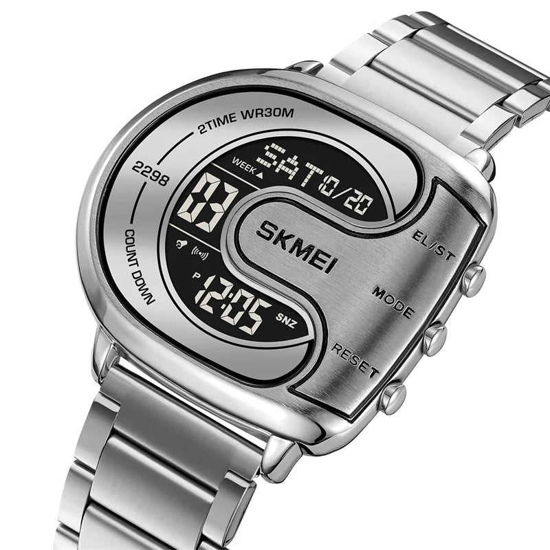 Skmei Mens Digital Waterproof Watches Luxury Stainless Steel Band Led Chronograph Alarm Clock Fashion Stopwatch Sports Dual Time