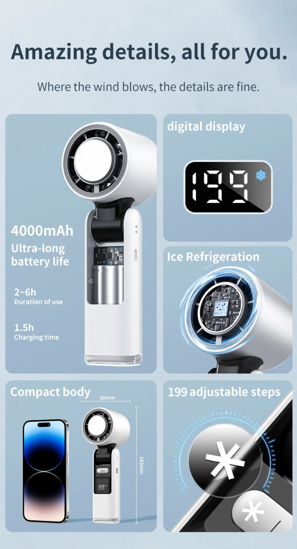 Mini Ice Compress Handheld Turbo Jet Fan 199 Wind Speeds Adjustable 4000mAh USB Rechargeable Portable Fan Outdoor Turbo Neck Fan
