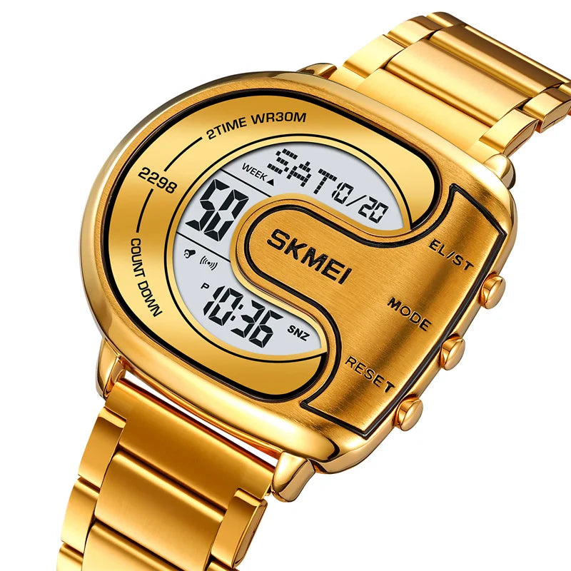 Skmei Mens Digital Waterproof Watches Luxury Stainless Steel Band Led Chronograph Alarm Clock Fashion Stopwatch Sports Dual Time