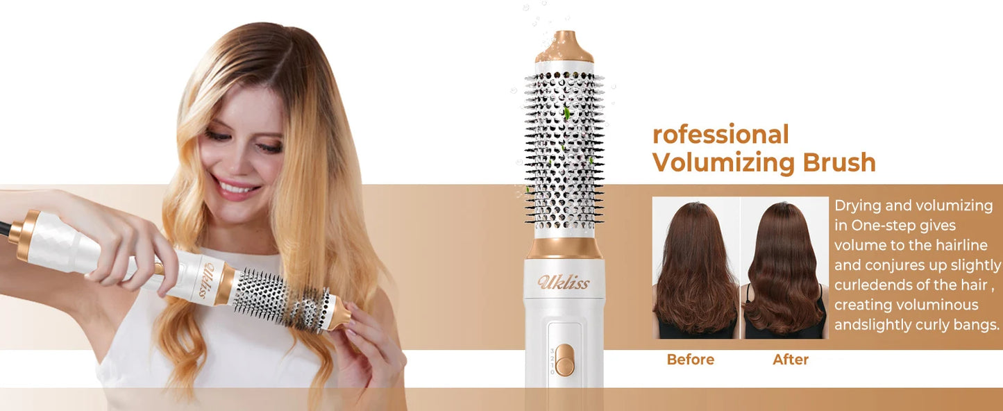 Ukliss 6 In 1 Electric Hair Dryer Brush White gold Blow Dryer Comb Hair Curling Wand Detachable Brush Kit Negative Ion Curler