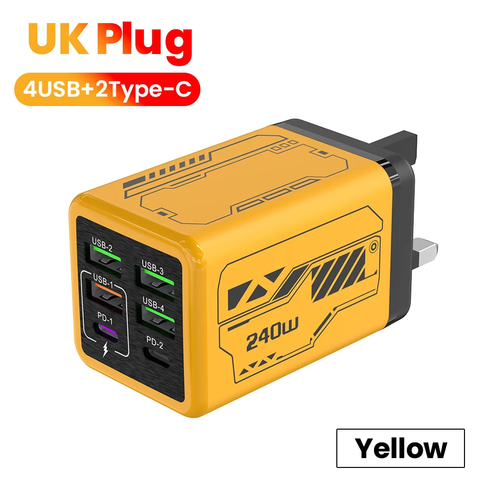240W 6-Port Super Fast Charger – 4 USB + 2 USB-C PD 3.0 Fast Charging Station for iPhone 17/16, Samsung, POCO & More