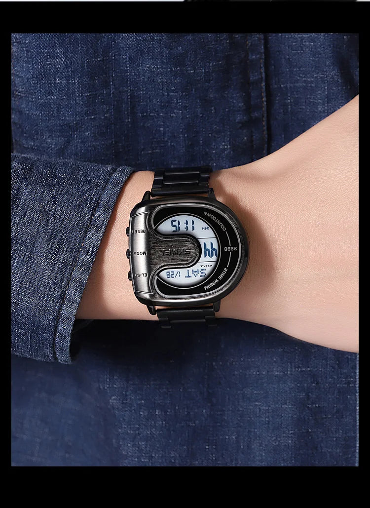 Skmei Mens Digital Waterproof Watches Luxury Stainless Steel Band Led Chronograph Alarm Clock Fashion Stopwatch Sports Dual Time