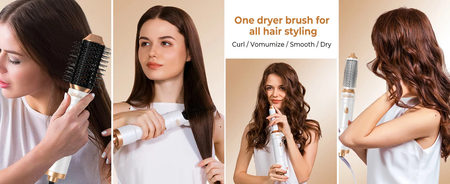 Ukliss 6 In 1 Electric Hair Dryer Brush White gold Blow Dryer Comb Hair Curling Wand Detachable Brush Kit Negative Ion Curler