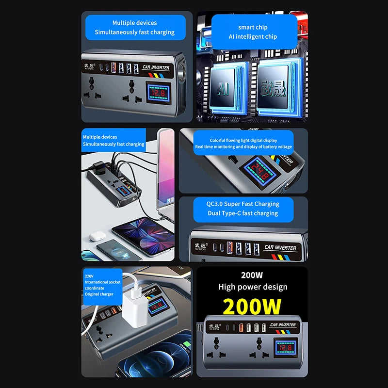 Car Power Inverter 12V to 220V Fast Charging USB Adapter | Multi Socket Car Converter