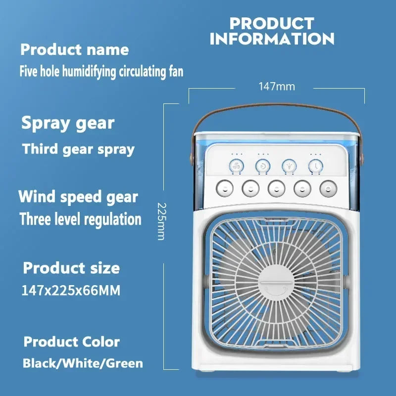 Portable air conditioning fan mini evaporative air cooler with 7 color LED lights 1/2/3 hour timer 3 wind speeds and 3 spray mod