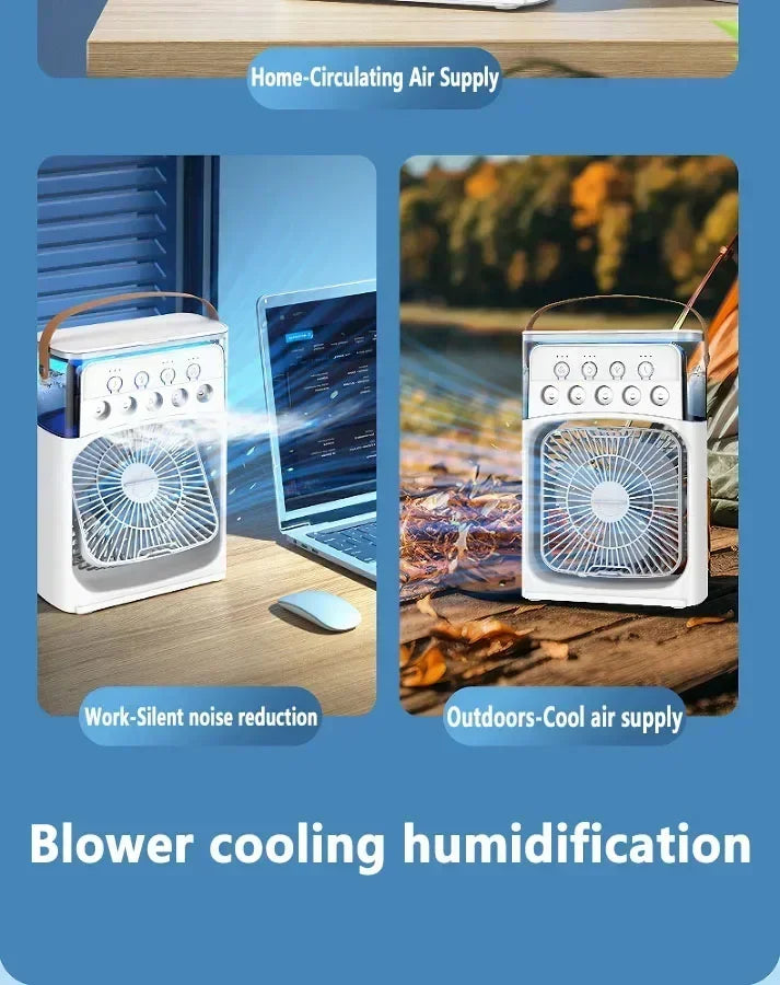 Portable air conditioning fan mini evaporative air cooler with 7 color LED lights 1/2/3 hour timer 3 wind speeds and 3 spray mod