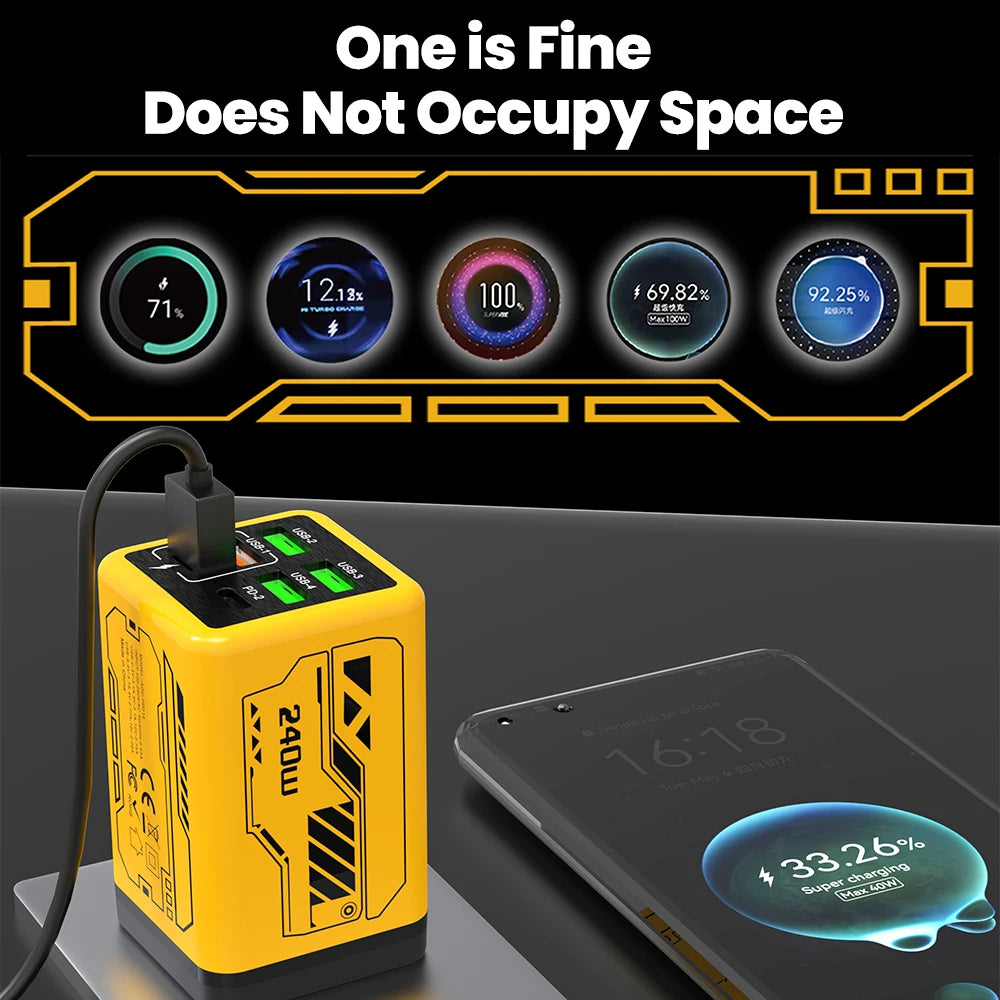 240W 6-Port Super Fast Charger – 4 USB + 2 USB-C PD 3.0 Fast Charging Station for iPhone 17/16, Samsung, POCO & More