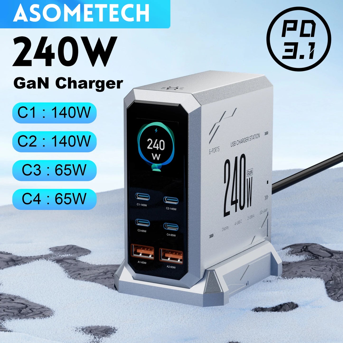 240W GaN 6-in-1 Fast Charger | 140W PD3.1 USB-C Charging Station with Digital Display for iPhone, MacBook & Samsung