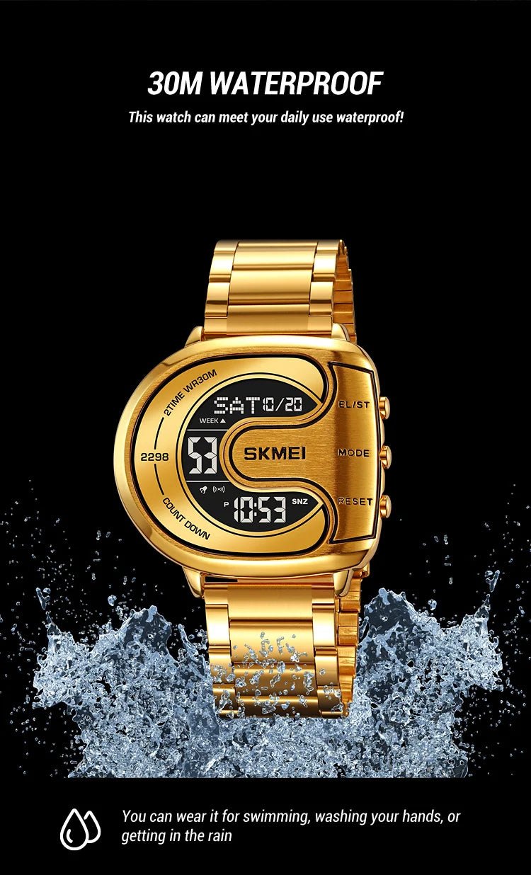 Skmei Mens Digital Waterproof Watches Luxury Stainless Steel Band Led Chronograph Alarm Clock Fashion Stopwatch Sports Dual Time