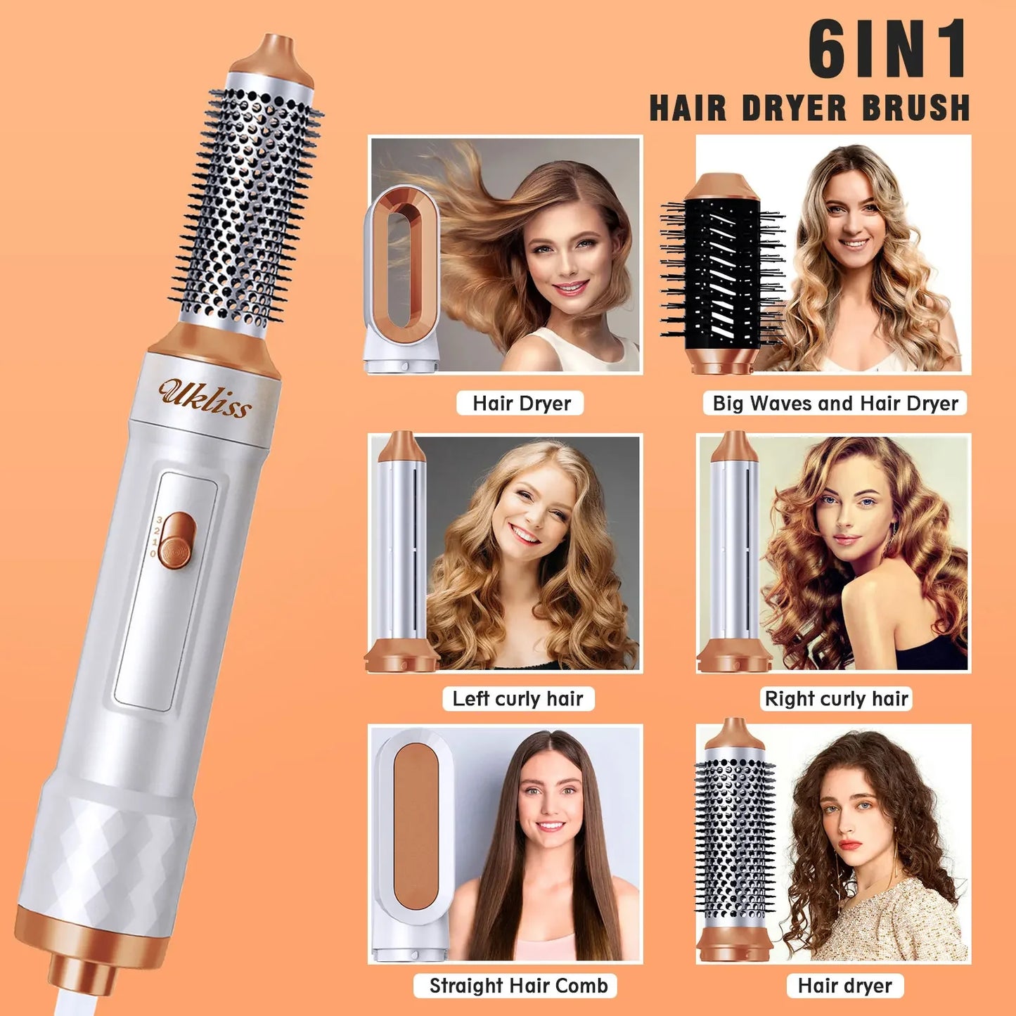 Ukliss 6 In 1 Electric Hair Dryer Brush White gold Blow Dryer Comb Hair Curling Wand Detachable Brush Kit Negative Ion Curler
