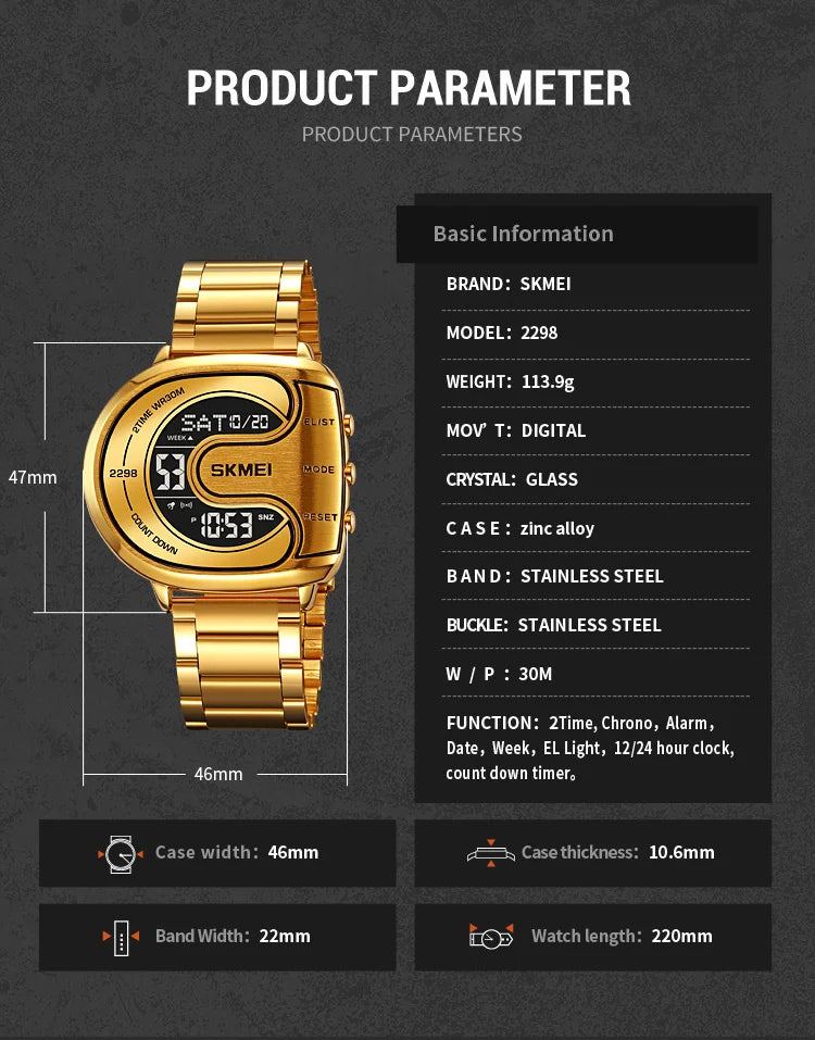 Skmei Mens Digital Waterproof Watches Luxury Stainless Steel Band Led Chronograph Alarm Clock Fashion Stopwatch Sports Dual Time