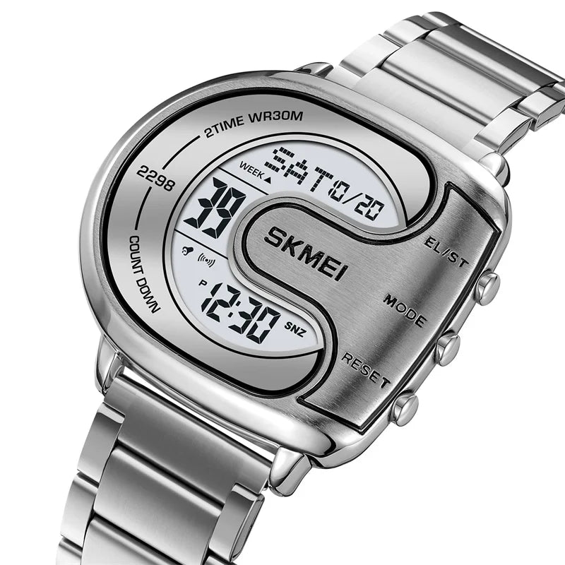 Skmei Mens Digital Waterproof Watches Luxury Stainless Steel Band Led Chronograph Alarm Clock Fashion Stopwatch Sports Dual Time