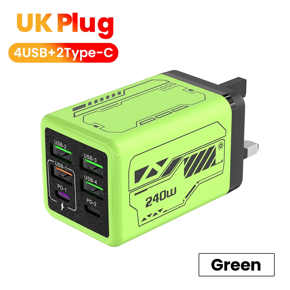 240W 6-Port Super Fast Charger – 4 USB + 2 USB-C PD 3.0 Fast Charging Station for iPhone 17/16, Samsung, POCO & More