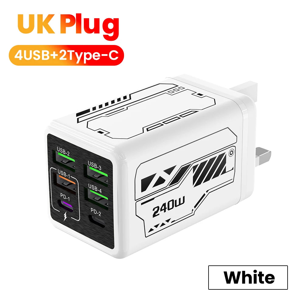 240W 6-Port Super Fast Charger – 4 USB + 2 USB-C PD 3.0 Fast Charging Station for iPhone 17/16, Samsung, POCO & More