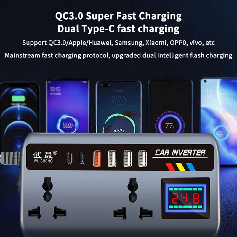 Car Power Inverter 12V to 220V Fast Charging USB Adapter | Multi Socket Car Converter