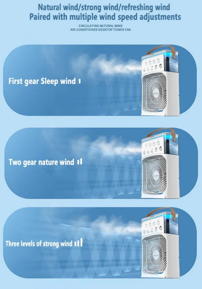 Portable air conditioning fan mini evaporative air cooler with 7 color LED lights 1/2/3 hour timer 3 wind speeds and 3 spray mod