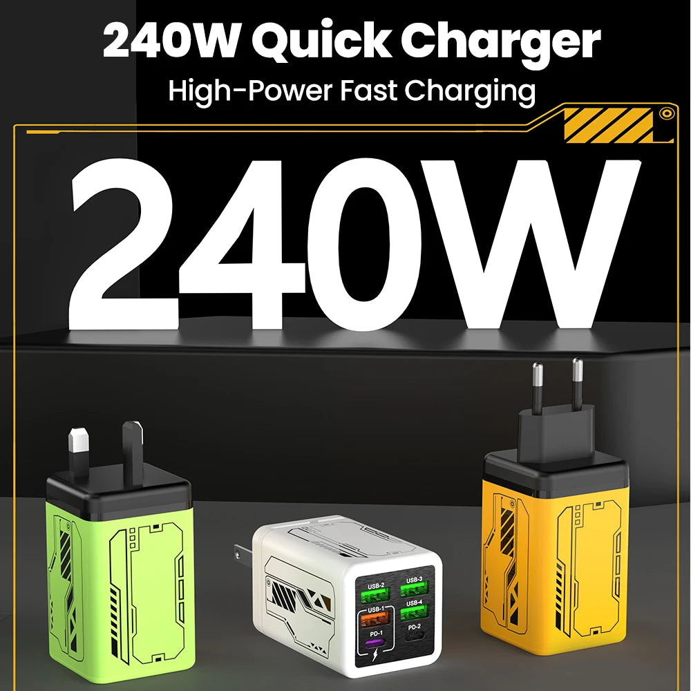 240W 6-Port Super Fast Charger – 4 USB + 2 USB-C PD 3.0 Fast Charging Station for iPhone 17/16, Samsung, POCO & More