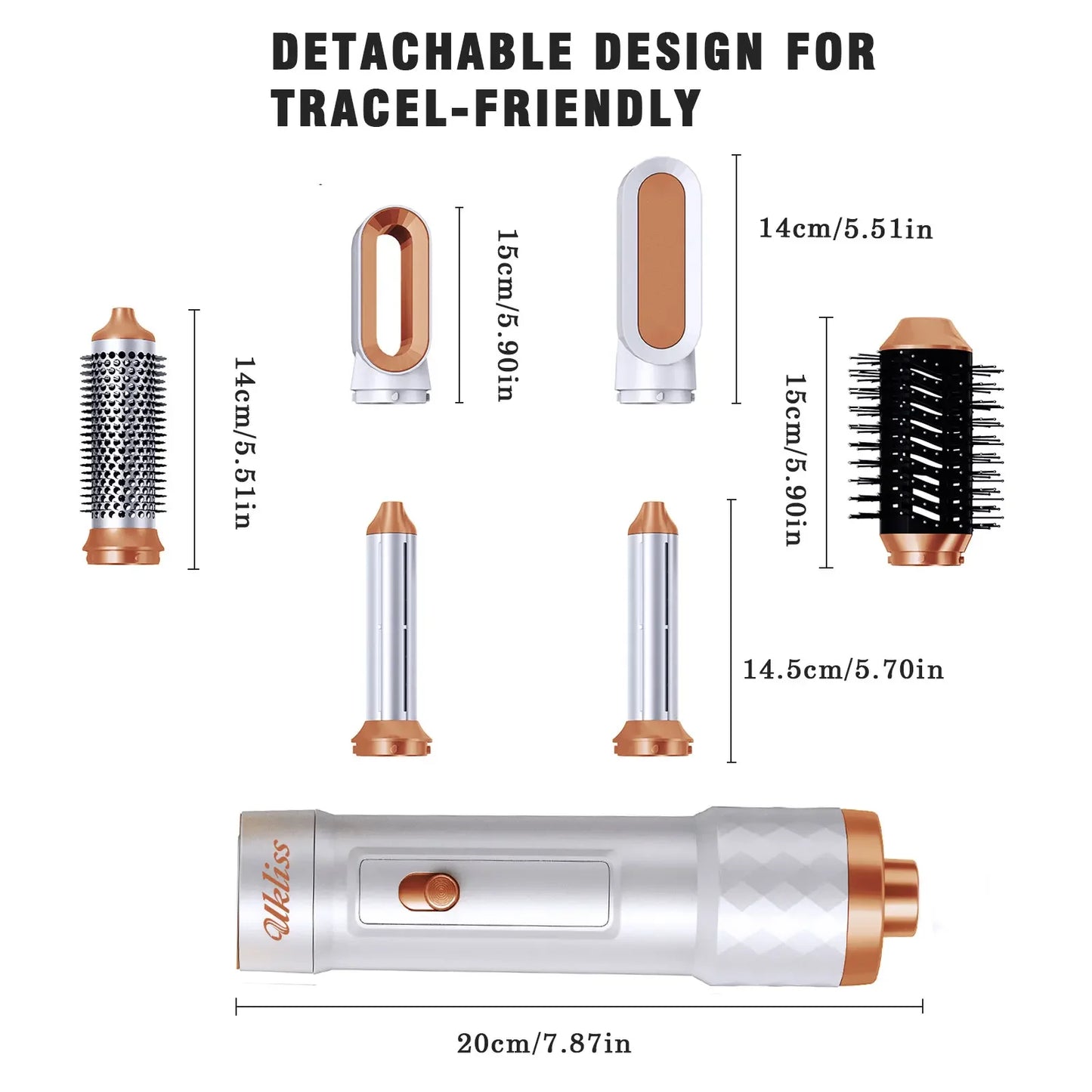 Ukliss 6 In 1 Electric Hair Dryer Brush White gold Blow Dryer Comb Hair Curling Wand Detachable Brush Kit Negative Ion Curler