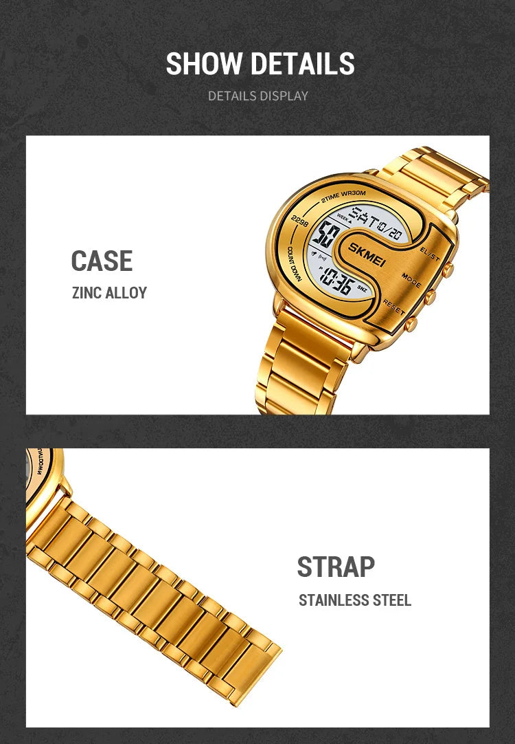 Skmei Mens Digital Waterproof Watches Luxury Stainless Steel Band Led Chronograph Alarm Clock Fashion Stopwatch Sports Dual Time
