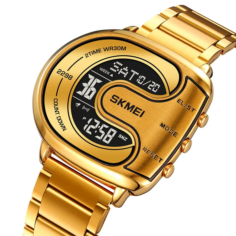 Skmei Mens Digital Waterproof Watches Luxury Stainless Steel Band Led Chronograph Alarm Clock Fashion Stopwatch Sports Dual Time