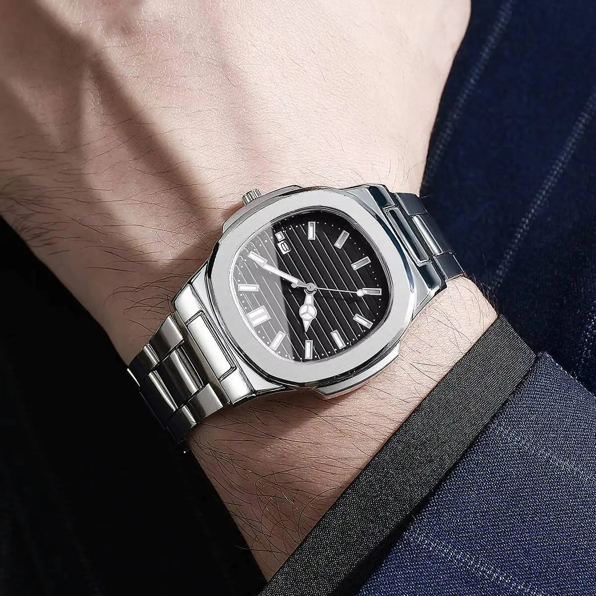 Luxury Men's Square Dial Quartz Watch | Stainless Steel Business Wristwatch with Calendar for Men