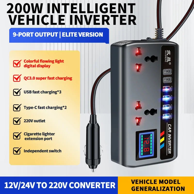 Portable Car Power Inverter 12V to 110V / 24V to 220V with 4 USB Fast Charging Ports | AC Outlet Adapter for Car, Truck & RV