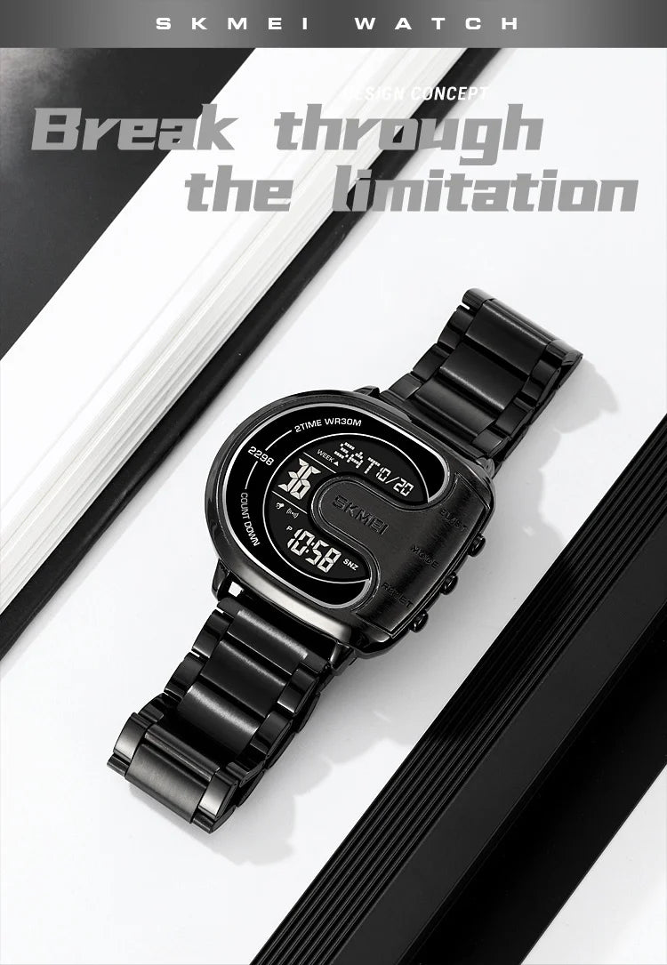 Skmei Mens Digital Waterproof Watches Luxury Stainless Steel Band Led Chronograph Alarm Clock Fashion Stopwatch Sports Dual Time
