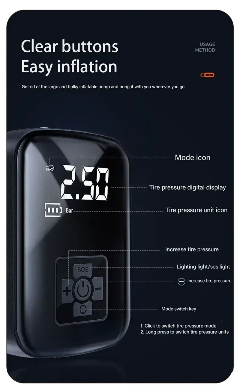 Mobile small and convenient digital cordless portable air pump, fast tire inflator, compressor, car tire inflator, bicycle, ball