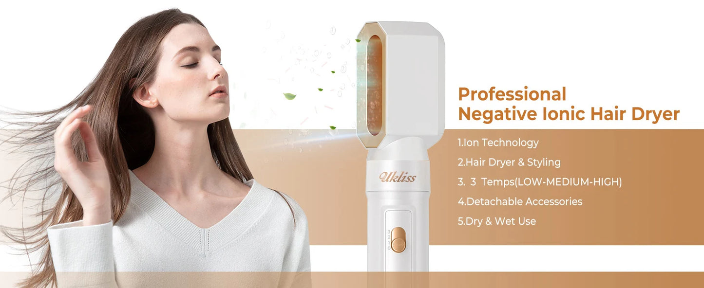 Ukliss 6 In 1 Electric Hair Dryer Brush White gold Blow Dryer Comb Hair Curling Wand Detachable Brush Kit Negative Ion Curler