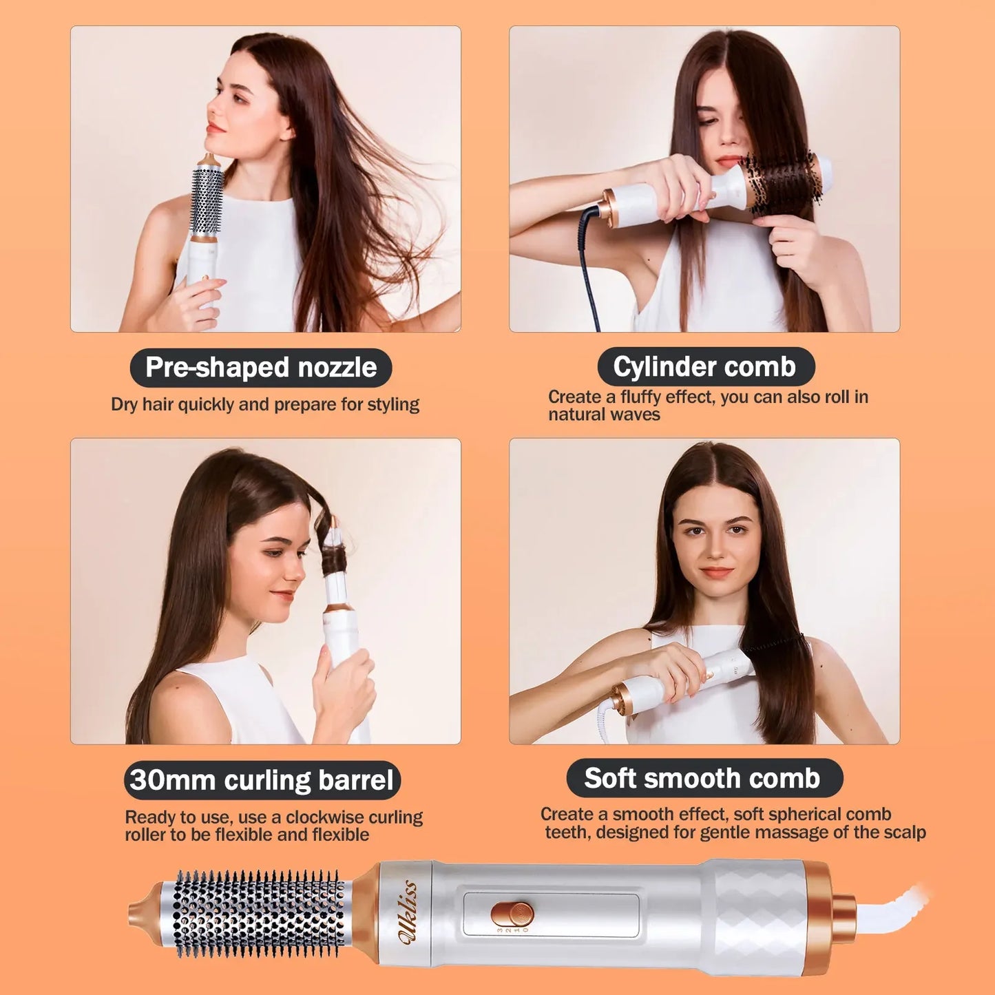 Ukliss 6 In 1 Electric Hair Dryer Brush White gold Blow Dryer Comb Hair Curling Wand Detachable Brush Kit Negative Ion Curler