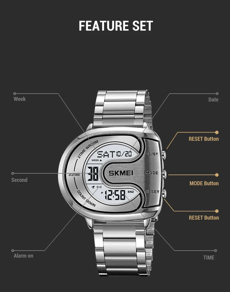 Skmei Mens Digital Waterproof Watches Luxury Stainless Steel Band Led Chronograph Alarm Clock Fashion Stopwatch Sports Dual Time