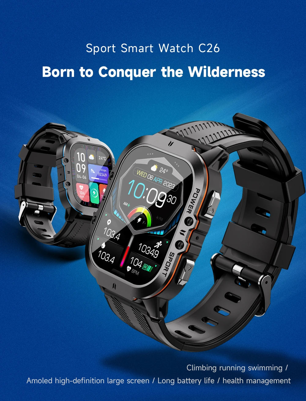 MISIRUN New C26 Smart Watch 100+ Sports Modes Bluetooth Call Smartwatch 1.96" AMOLED 1ATM Waterproof Outdoor Military Wristwatch