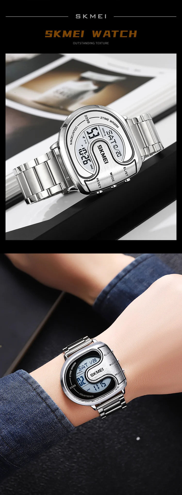 Skmei Mens Digital Waterproof Watches Luxury Stainless Steel Band Led Chronograph Alarm Clock Fashion Stopwatch Sports Dual Time