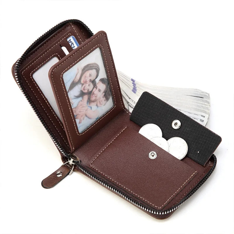 Men’s PU Waxed Oil Leather Wallet – Short Bifold Coin Purse with All-Around Zipper for Cash & Cards