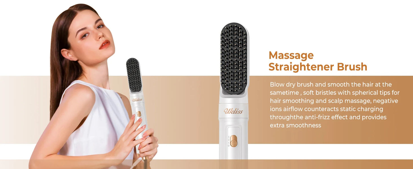Ukliss 6 In 1 Electric Hair Dryer Brush White gold Blow Dryer Comb Hair Curling Wand Detachable Brush Kit Negative Ion Curler
