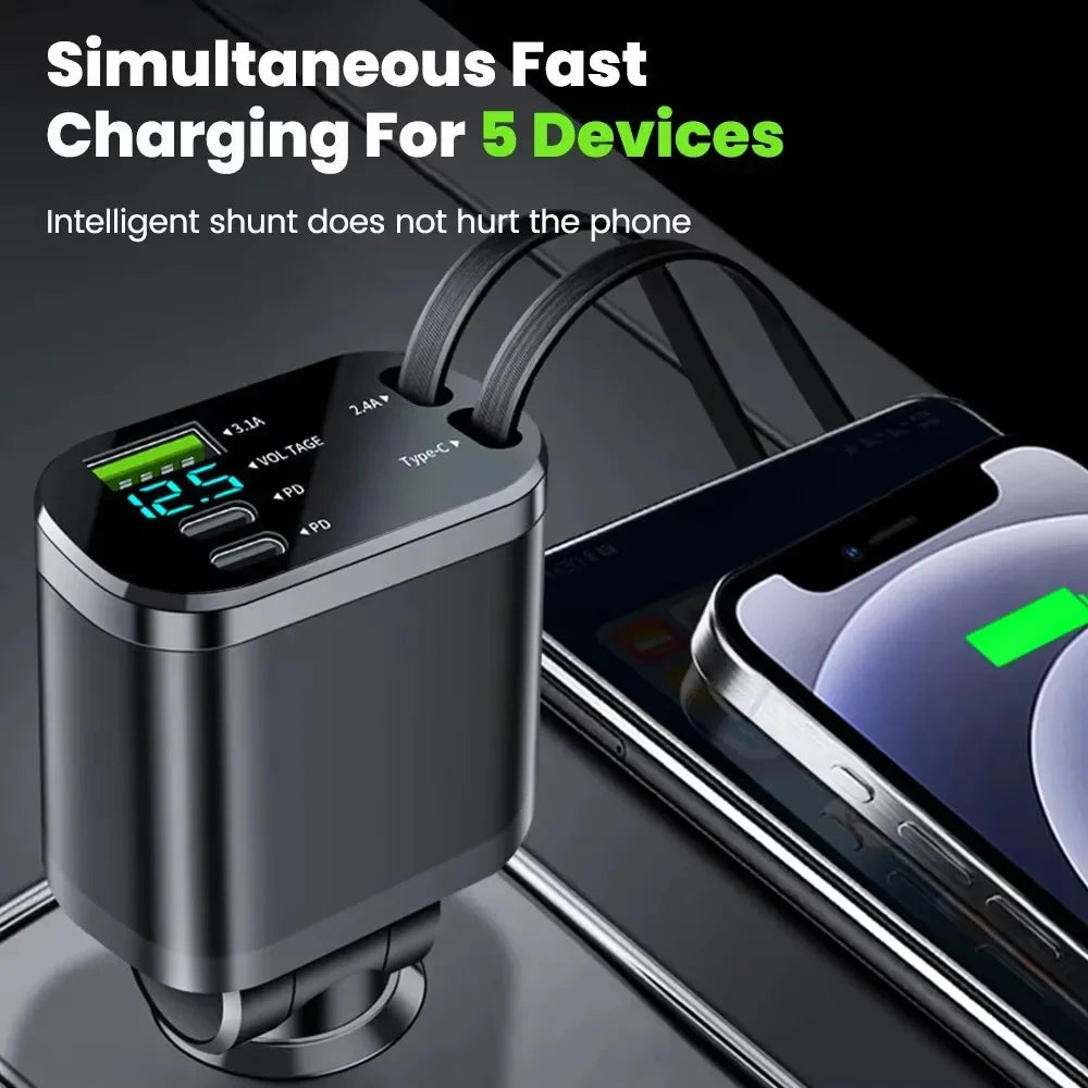 150W 5-in-1 Retractable Car Charger | Fast Charging USB Cigarette Lighter Adapter for iPhone & Samsung