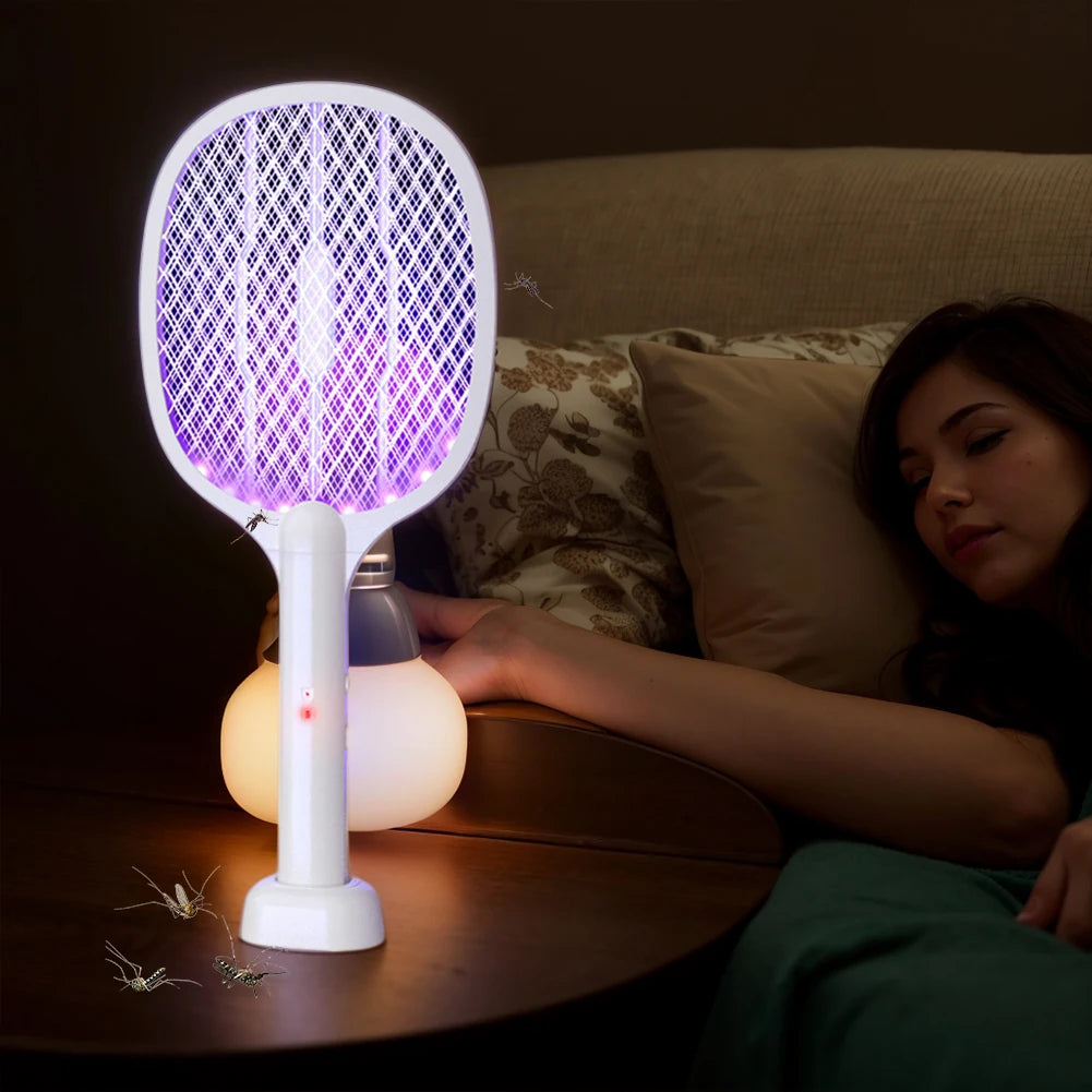 Handheld Electric Fly Swatter 3000V Bug Zapper Racket 2 in 1 Fly Swatter with USB Rechargeable Mosquito Killer Lamp Pest Control